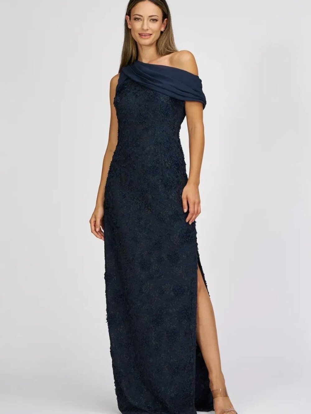 JS Collections Navy Lace One Shoulder Gown Mother of Bride Wedding Sz 10